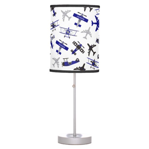 Retro Blue  Black WWII Military Airplane Pattern Table Lamp