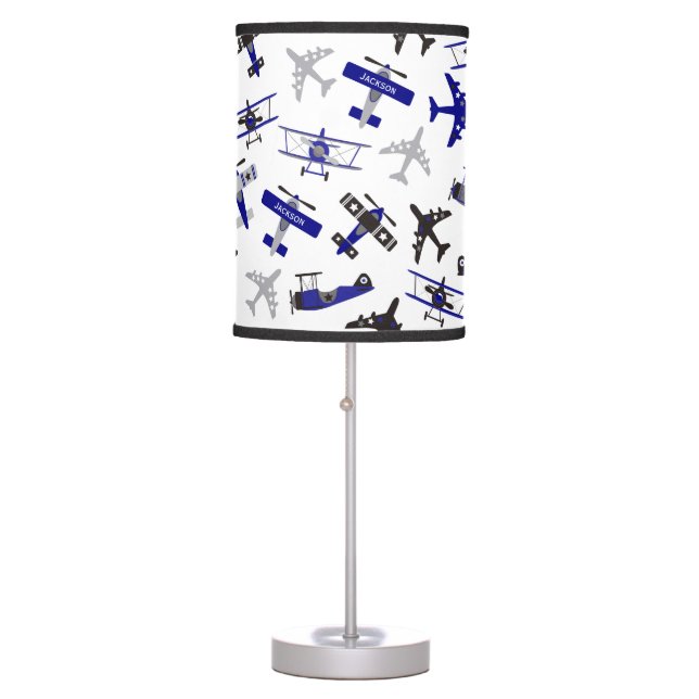 Retro Blue + Black WWII Military Airplane Pattern Table Lamp (Front)