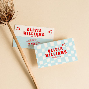 Retro Blue Bold Groovy Checkered Trendy Funky Fun Business Card