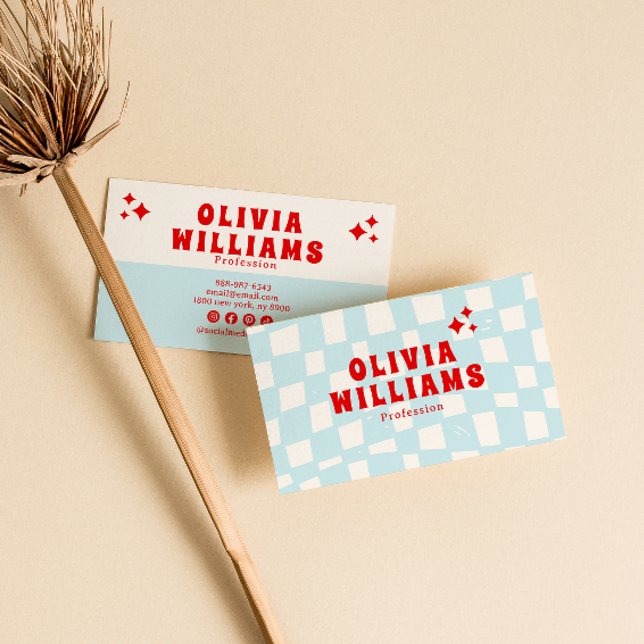 Retro Blue Bold Groovy Checkered Trendy Funky Fun Business Card (Creator Uploaded)