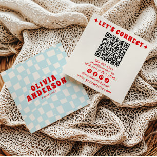 Retro Blue Bold Groovy QR Code Checkered Trendy Square Business Card