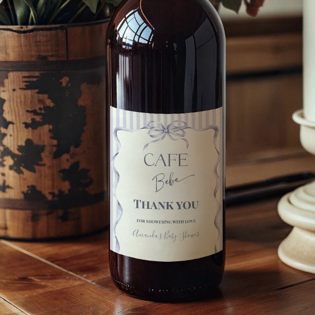 Retro Blue Bow Cafe Bebe Boy Coffee Baby Shower Wine Label (Creator Uploaded)
