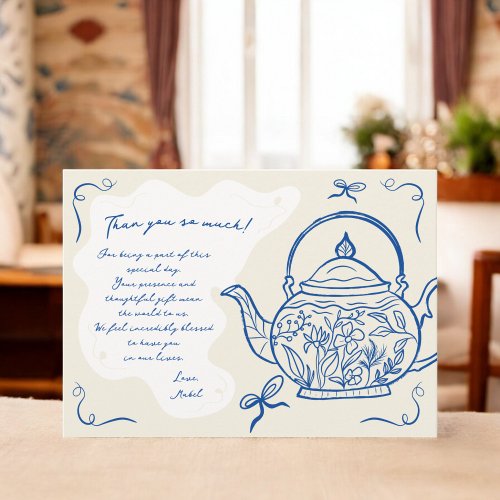 Retro blue bows teapot baby is brewing Baby shower Thank You Card