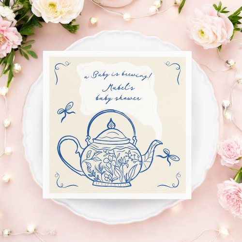 Retro blue bows teapot baby is brewing shower napkins