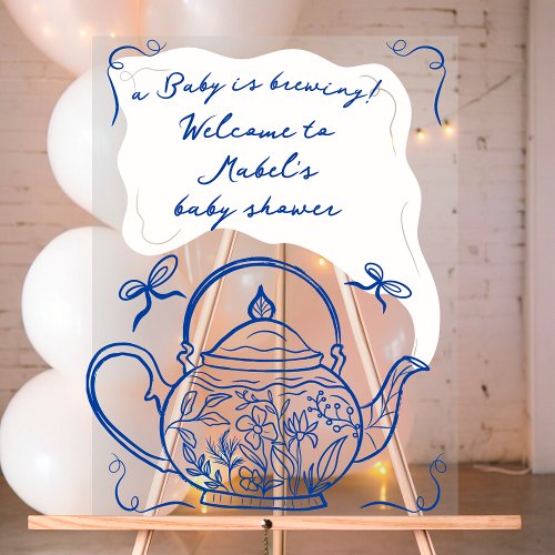 Retro blue bows teapot baby shower welcome acrylic sign