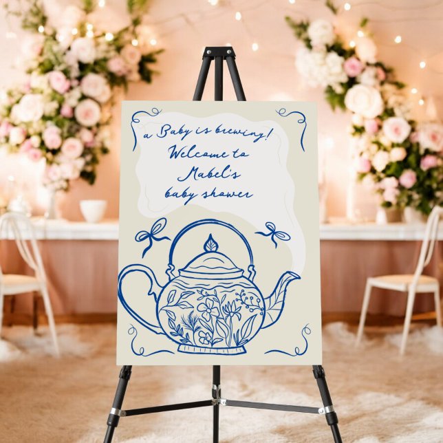Retro blue bows teapot baby shower welcome foam board (Retro blue bows teapot baby shower welcome foam board)