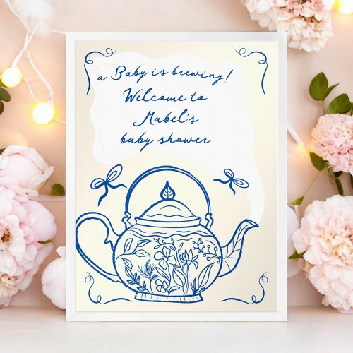 Retro blue bows teapot baby shower welcome poster