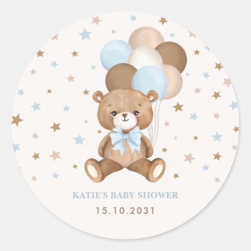 Retro Blue Brown Teddy Bear Balloons Baby Boy Classic Round Sticker