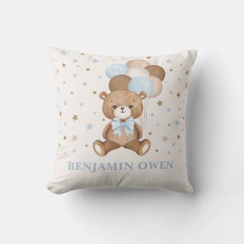 Retro Blue Brown Teddy Bear Balloons Baby Boy Throw Pillow