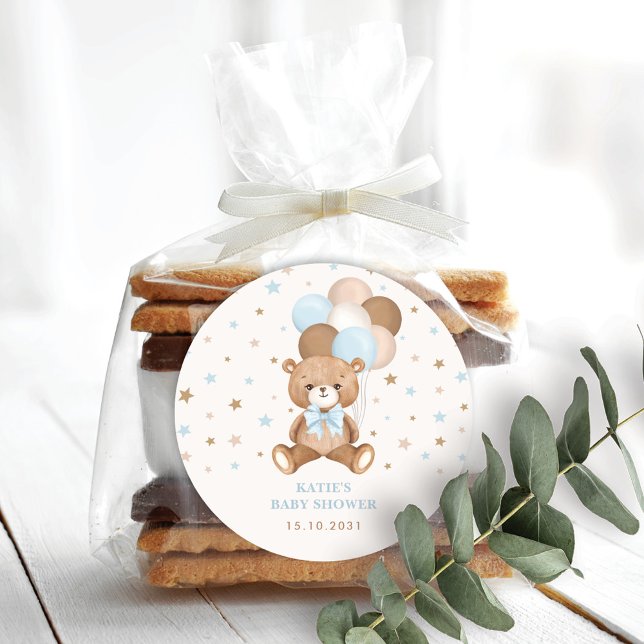 Retro Blue Brown Teddy Bear Balloons Boy Party Classic Round Sticker (Creator Uploaded)
