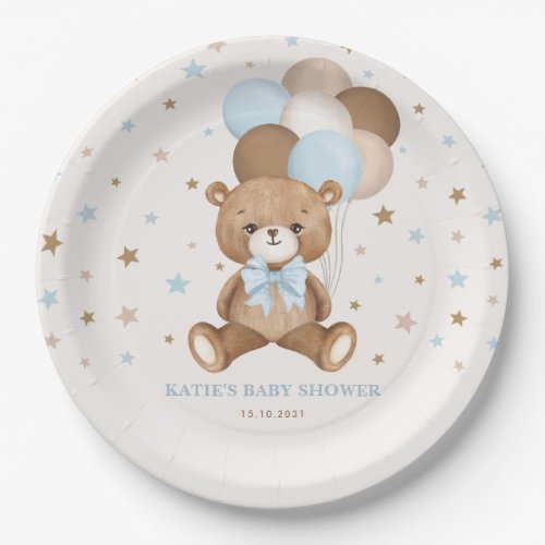 Retro Blue Brown Teddy Bear Balloons Boy Party Paper Plates