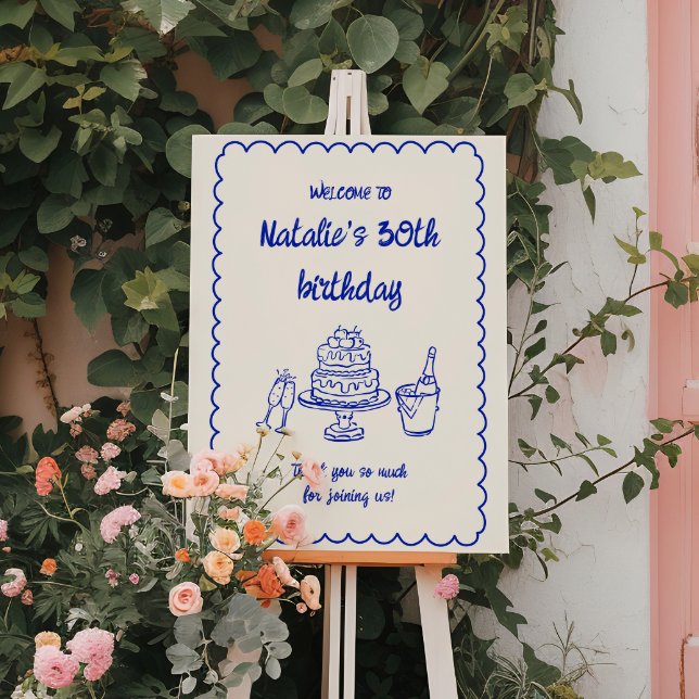 Retro Blue Cake Champagne 30th Birthday Welcome  Foam Board (Creator Uploaded)