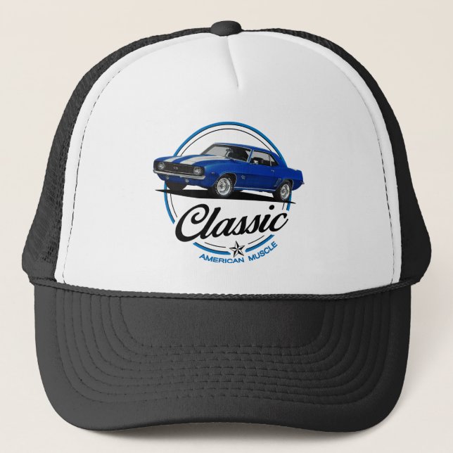 Retro Blue Camaro Classic Trucker Hat (Front)