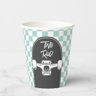Retro blue check Skateboard two rad 2nd Birthday Paper Cups