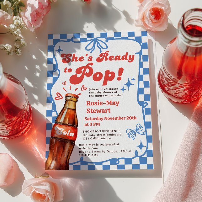 Retro Blue Checker Ready to Pop Cola Baby Shower Invitation (Retro Blue Checker Ready to Pop Cola Baby Shower Invitation)