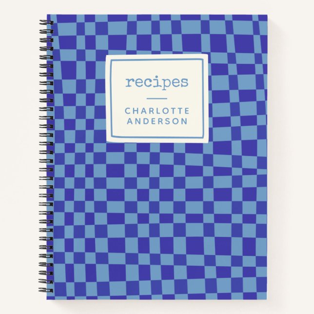 Retro Blue Checkerboard Personalized Recipes Notebook (Front)