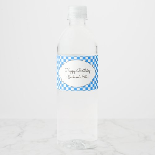 Retro Blue Checkerboard Water Bottle Labels