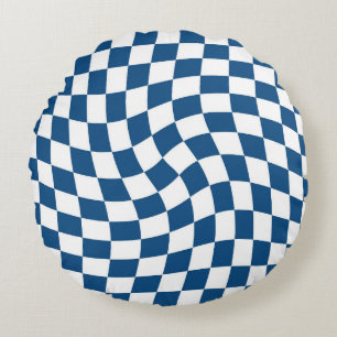 Retro Blue Checks Warped Checkered Dorm Room Round Pillow
