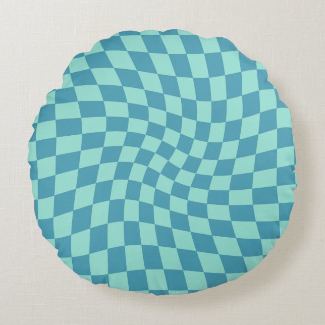 Retro Blue Checks Warped Checkered Dorm  Round Pillow (Front)