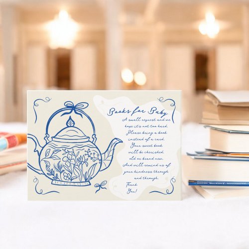 Retro blue chic bows teapot books for Baby shower Enclosure Card
