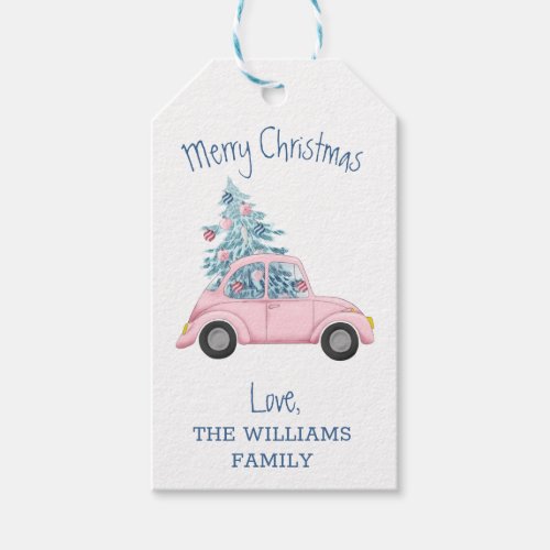 Retro Blue Christmas Tree Pink Car Merry Christmas Gift Tags