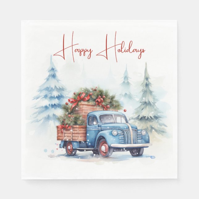 Retro Blue Christmas Truck Napkins (Front)