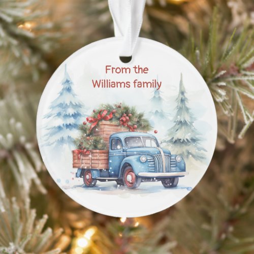 Retro Blue Christmas Truck Ornament