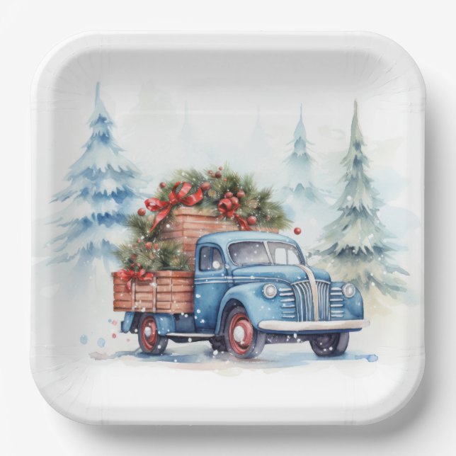 Retro Blue Christmas Truck Paper Plates (Front)