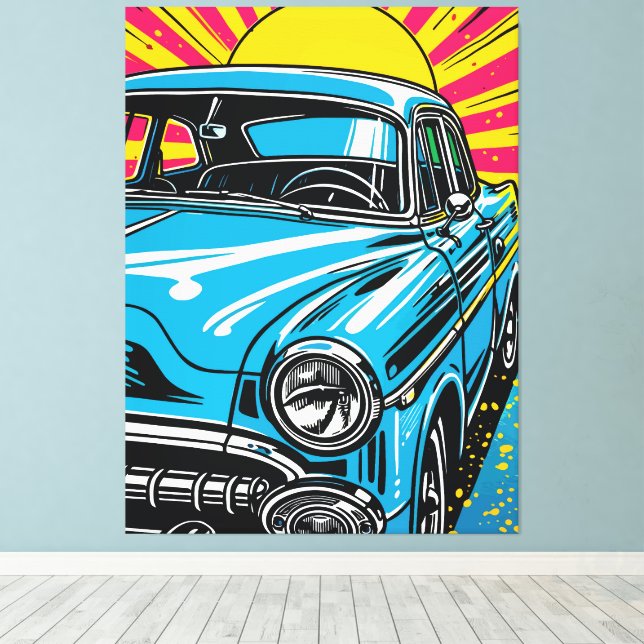 Retro Blue Classic Car Front Pop Art Illustration Canvas Print (Insitu(Wood Floor))