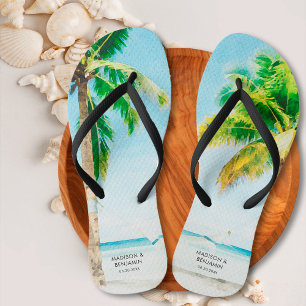 Retro Blue Coastal Beach Palm Trees Tropical Ocean Flip Flops