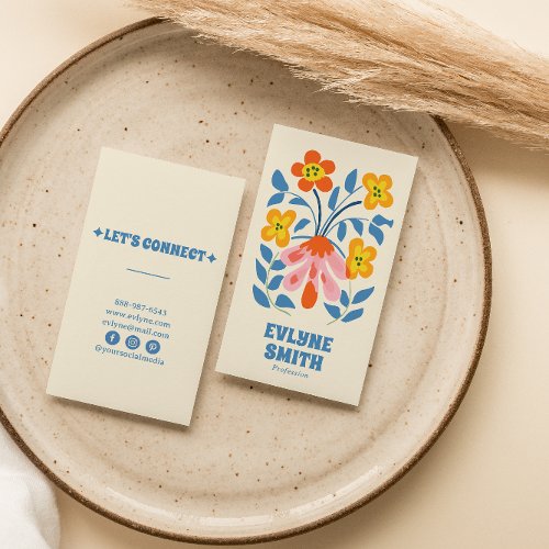 Retro Blue Colorful Groovy Floral Boho Bright Bold Business Card