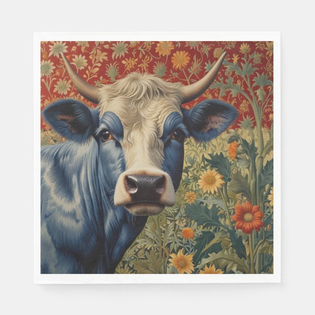 Retro Blue cow in sunflower garden Napkins (Front)