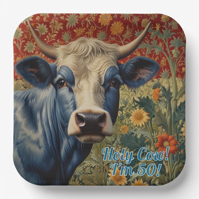 Retro Blue cow in sunflower garden Paper Plates (Front)