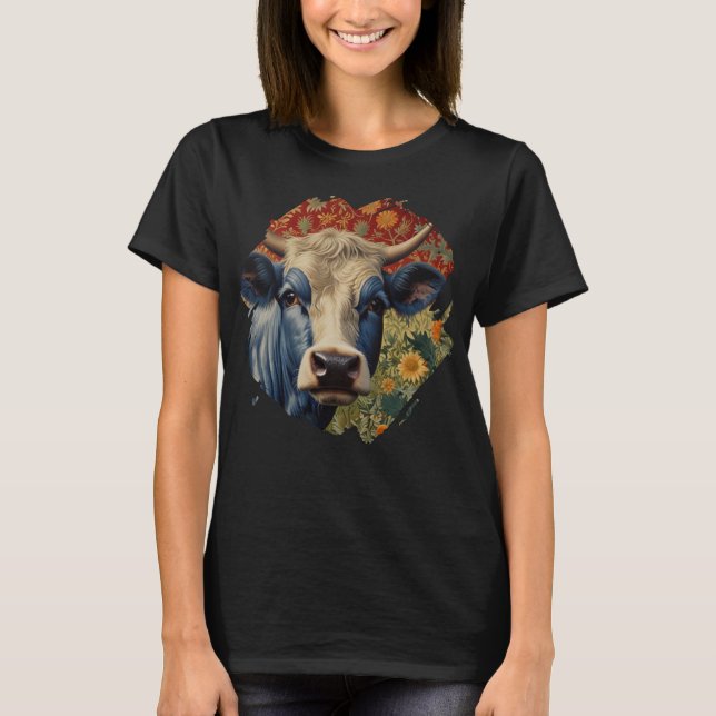 Retro Blue cow in sunflower garden T-Shirt (Front)