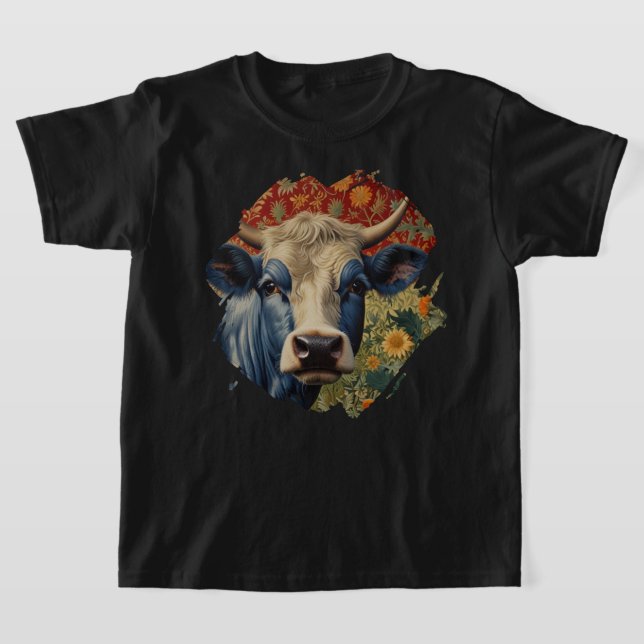 Retro Blue cow in sunflower garden T-Shirt (Laydown)