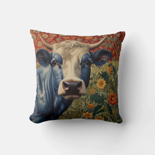 Retro Blue cow in sunflower garden Throw Pillow (Front)