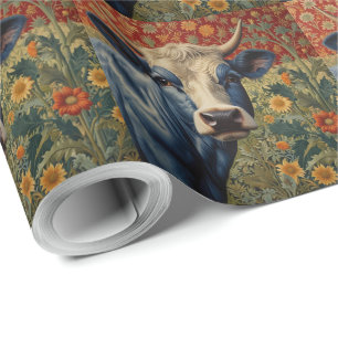Retro Blue cow in sunflower garden Wrapping Paper