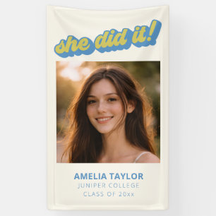Retro Blue Cream Girl Photo Graduation Groovy 2026 Banner