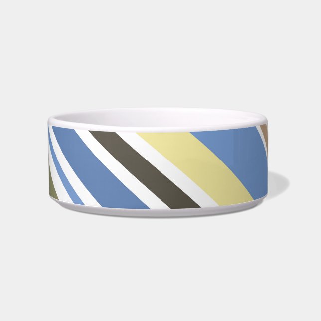 Retro Blue Cream Grey Stripes Pattern Pet Bowl (Front)
