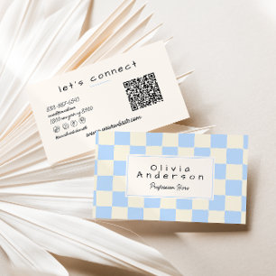 Retro Blue Cream Wavy Checkered QR Code Pastel Business Card