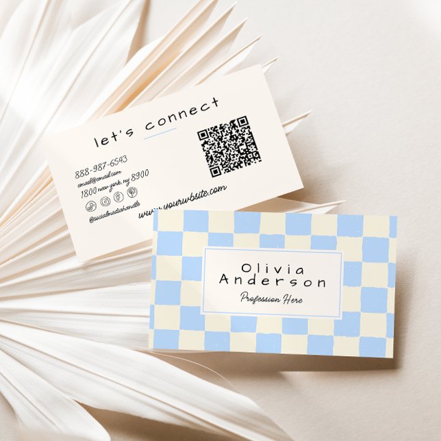 Retro Blue Cream Wavy Checkered QR Code Pastel Business Card (Creator Uploaded)