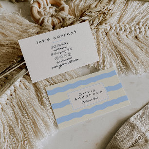 Retro Blue Cream Wavy Stripes Trendy Boho Business Card