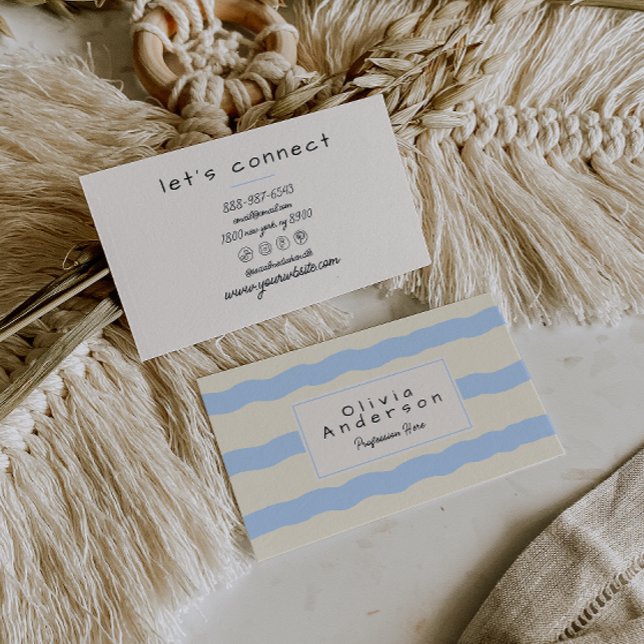 Retro Blue Cream Wavy Stripes Trendy Boho  Business Card (Creator Uploaded)