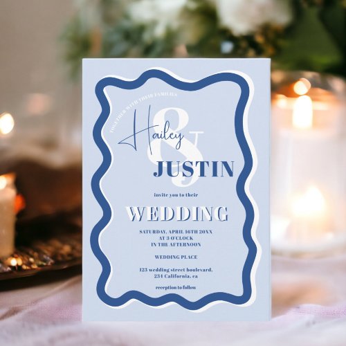 Retro blue curve squiggle wavy wedding photo invitation