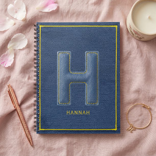 Retro Blue Denim Yellow Stitch Monogram Letter H Notebook