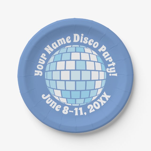 Retro Blue Disco Ball PERSONALIZED Paper Plates (Front)