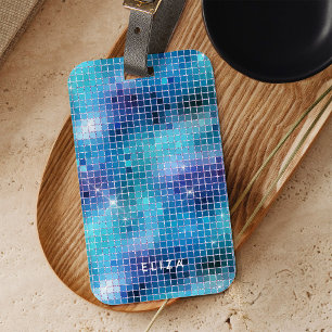 Retro Blue Disco Mirror Monogram Luggage Tag