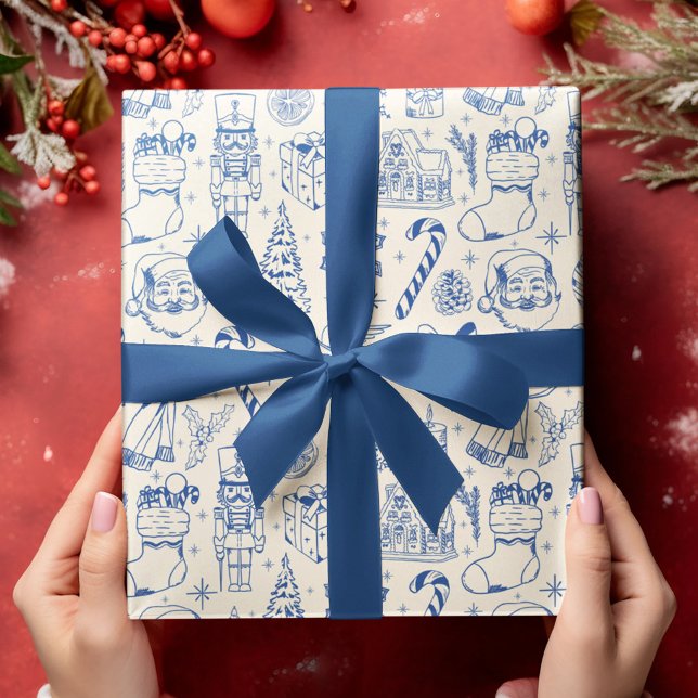 Retro Blue Doodle Christmas Wrapping Paper (Creator Uploaded)