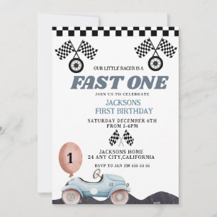 Retro Blue Fast one Boy 1st Birthday Car Boys Invitation