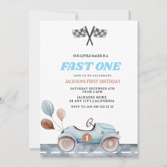 Retro Blue Fast one Boy 1st Birthday Car Boys Invitation (Front)
